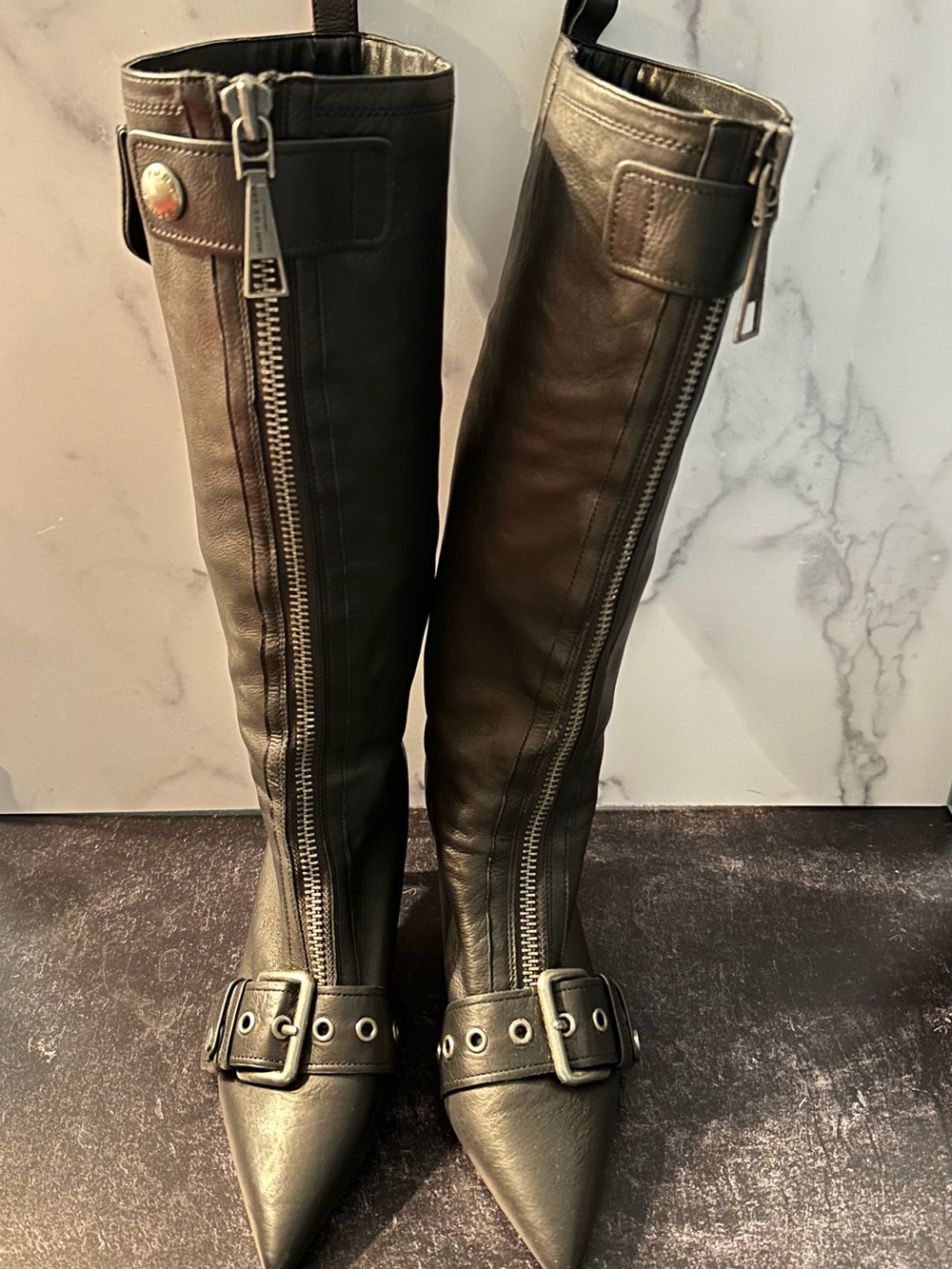 Kurt Geiger Black Pointed-Toe Knee-High Moto Boots